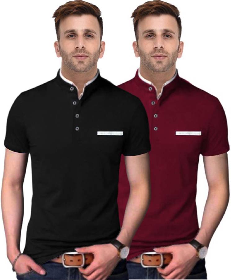 Solid Men Mandarin Collar Maroon, Black T-Shirt