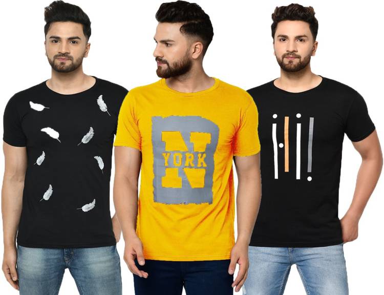 Printed Men Round Neck Yellow, Black T-Shirt Price in India