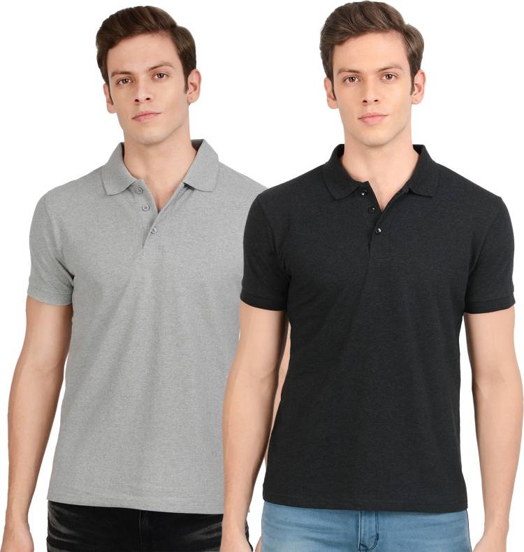 Pack of 2 Solid Men Polo Neck Black, Grey T-Shirt Price in India