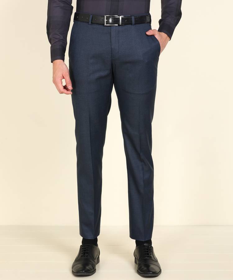 Slim Fit Men Dark Blue Polyester Trousers