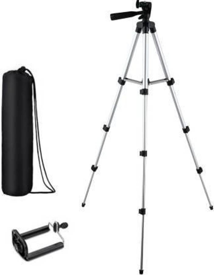 Happysome Camera 3110 Tripod Stand Mobile Phone Mini Portable Aluminium Tripod with Mobile Phone holder Tripod  (Silver, Black, Supports Up to 1500 g) Tripod