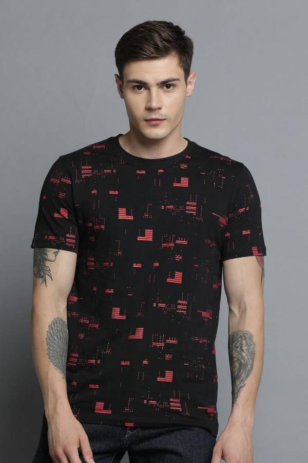 Printed Men Round Neck Black, Red T-Shirt