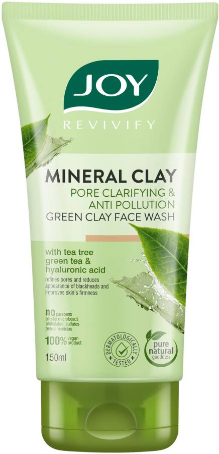 Joy Revivify Mineral Clay Pore Clarifying and Anti-Pollution Green Clay Face wash With Tea Tree, Green Tea & Hyaluronic Acid | Reduces Blackheads, Firms Skin - No Parabens, Face Wash Price in India