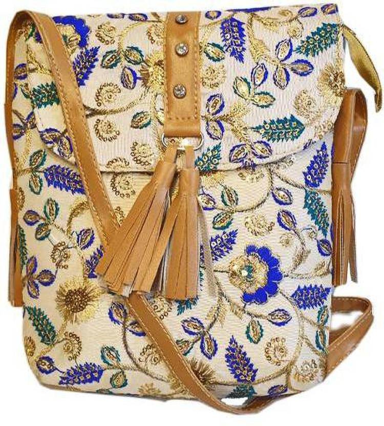 Beige, Purple, Green, Gold Women Sling Bag - Regular Size Price in India