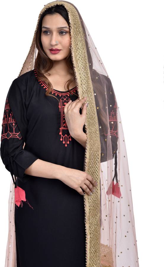 Net Embellished Peach Women Dupatta