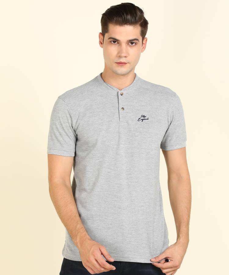 Solid Men Collared Neck Grey T-Shirt