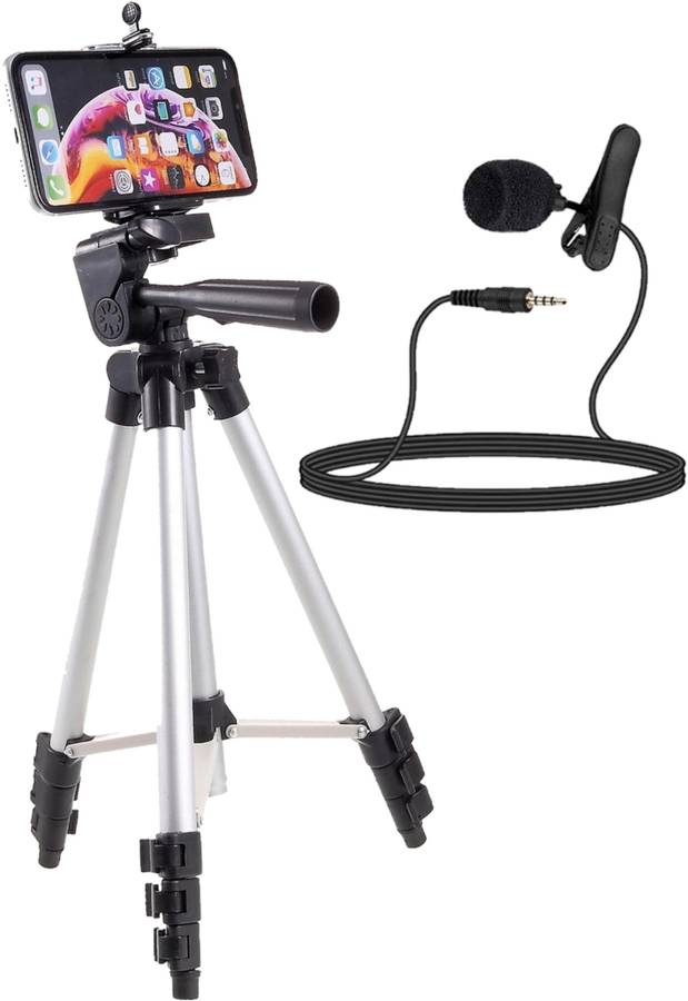 neojon Portable and Foldable 3110 Tripod Stand & Holder Tripod Kit For Mobile Phone and Camera's (DSLR) With Collar Microphone kit with voice Recording Filter Mic. For Recording Singing YouTube videos (2in1 combo pack) Monopod Kit, Monopod, Tripod Kit, T