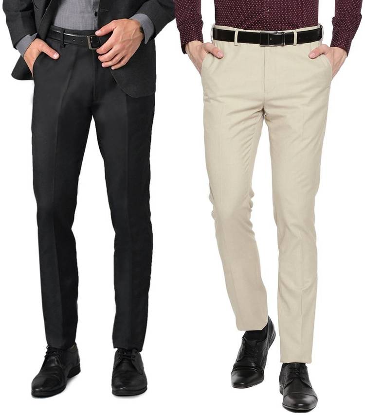 Regular Fit Men Black, Cream Cotton Blend Trousers