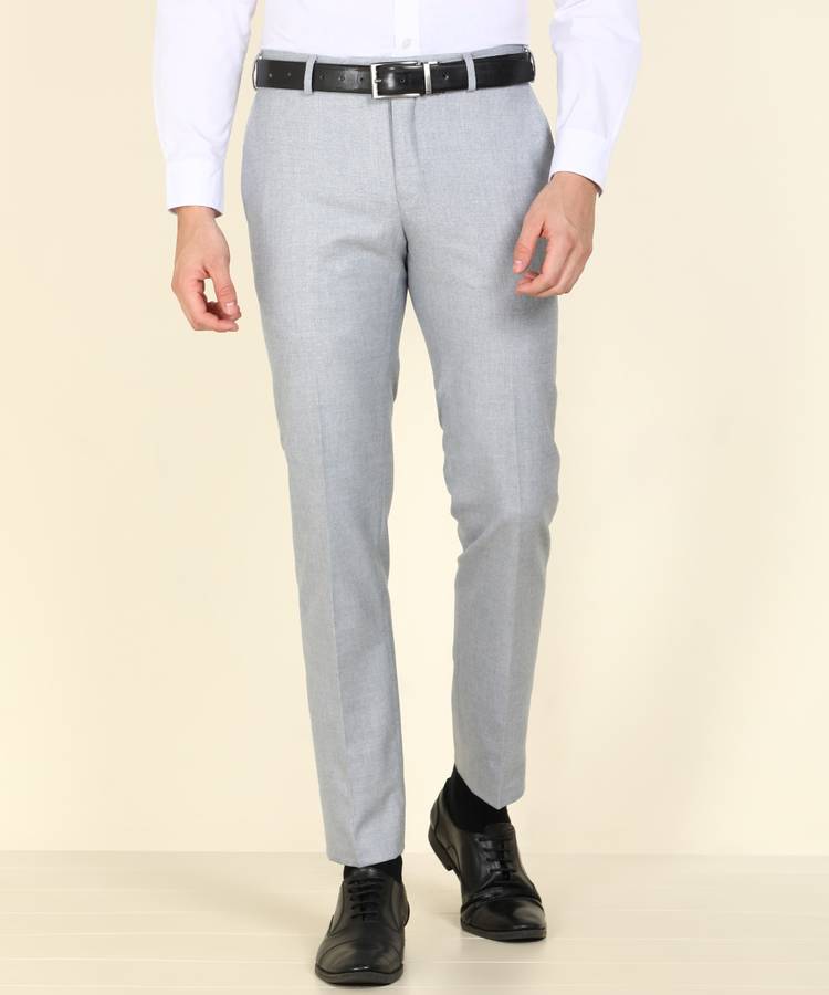 Slim Fit Men Light Blue Polyester Blend Trousers