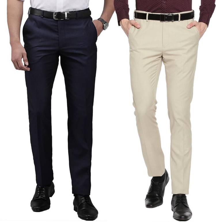 Regular Fit Men Blue, Cream Cotton Blend Trousers