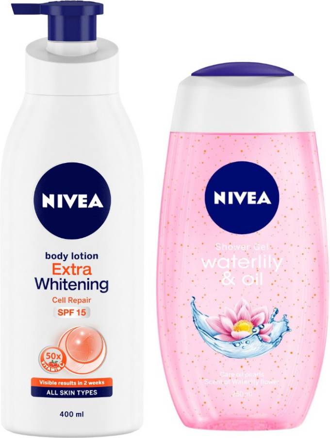 NIVEA Women Combo, Extra Whitening Cell Repair SPF 15 Body Lotion, 400 ml, Waterlily & Oil Shower Gel, 250 ml Price in India