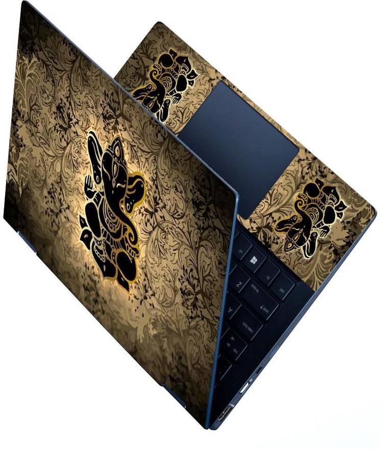 dzazner Premium Vinyl HD Printed Easy to Install Full Panel Laptop Skin/Sticker/Stretchable Vinyl/Cover for all Size Laptops upto 15.6 inch No Residue, Bubble Free - Lord Ganesh Black Golden Stretchable Vinyl - Easily Cover Corners Laptop Decal 15.6