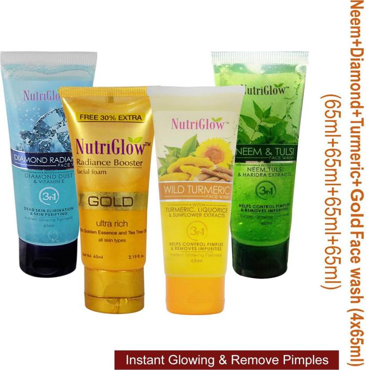 NutriGlow Combo of 4 Diamond  (65ml)|Gold  (65ml)|Turmeric  (65ml)|Neem tulsi  For Acne&pimple |Face Cleanser|Daily use Face Wash Price in India