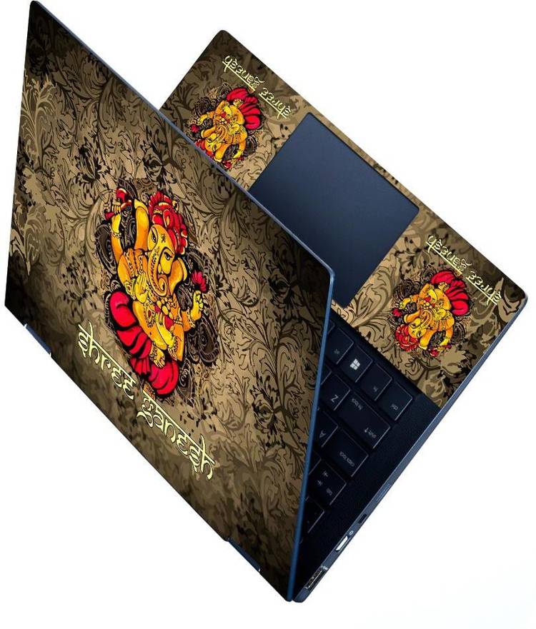 dzazner Premium Vinyl HD Printed Easy to Install Full Panel Laptop Skin/Sticker/Stretchable Vinyl/Cover for all Size Laptops upto 15.6 inch No Residue, Bubble Free - Shree Ganesh Red Brown Floral Art Stretchable Vinyl - Easily Cover Corners Laptop Decal 