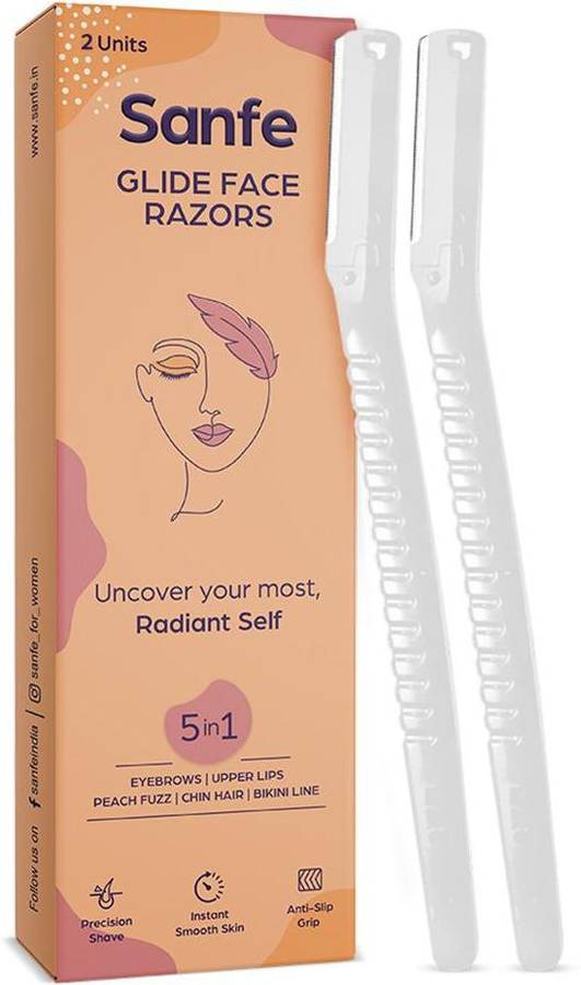 Sanfe Glide Face Razor for painfree facial hair removal (2 units) - upper lips, chin, peach fuzz - Stainless steel blade, comfortable, firm grip