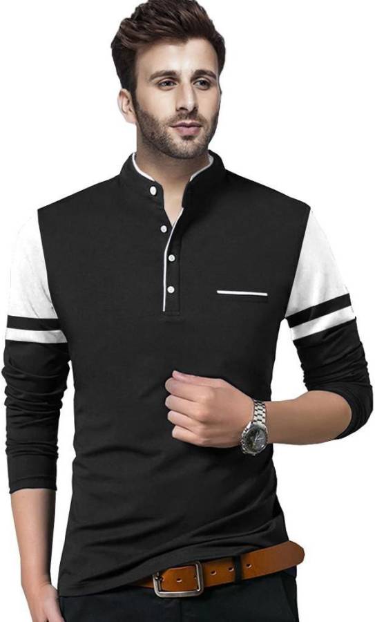 Solid Men Henley Neck Black, White T-Shirt Price in India