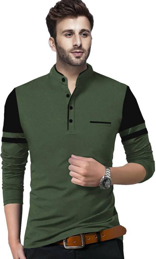Solid Men Henley Neck Dark Green, Black T-Shirt Price in India
