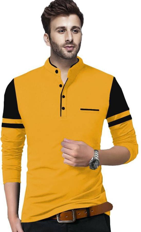 Solid Men Henley Neck Yellow, Black T-Shirt Price in India