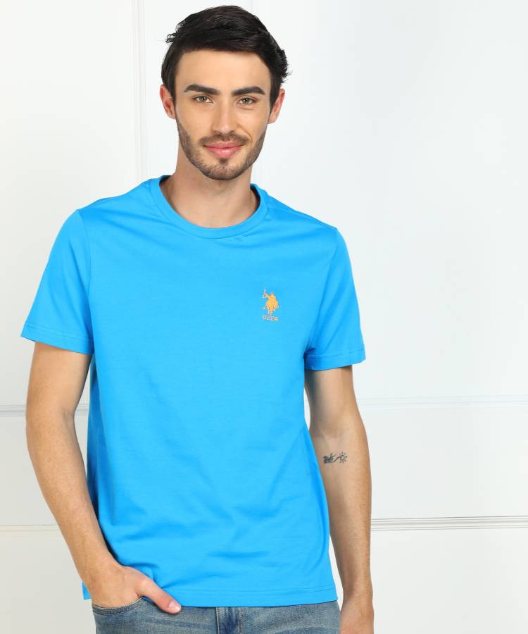 Solid Men Round Neck Light Blue T-Shirt Price in India