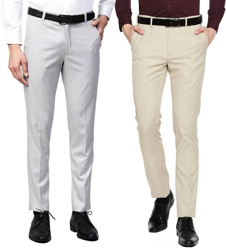Regular Fit Men Grey, Cream Cotton Blend Trousers