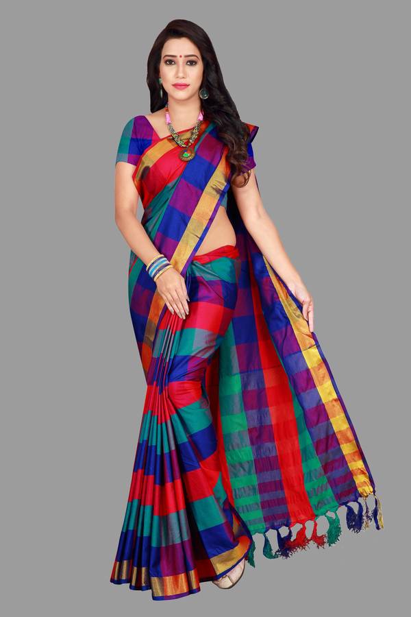 Checkered Daily Wear Cotton Silk Saree