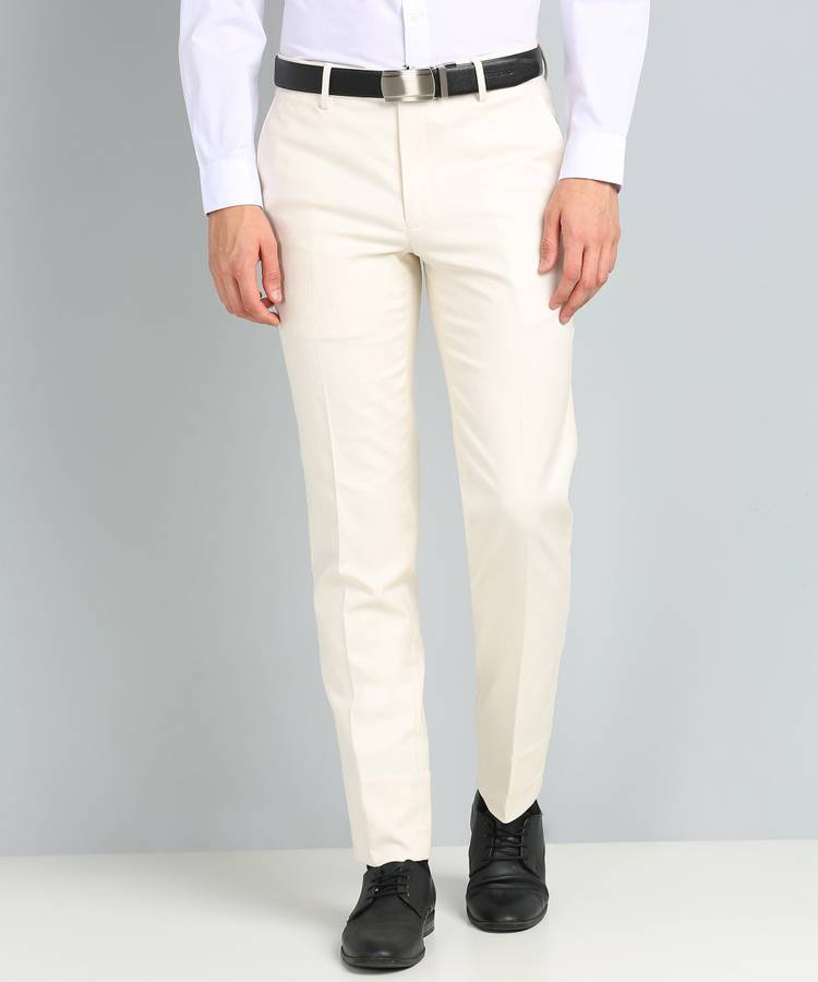 Slim Fit Men Beige Polyester Viscose Blend Trousers