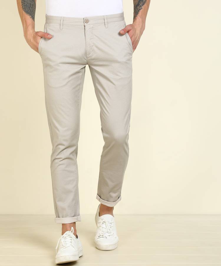 Regular Fit Men Beige Pure Cotton Trousers