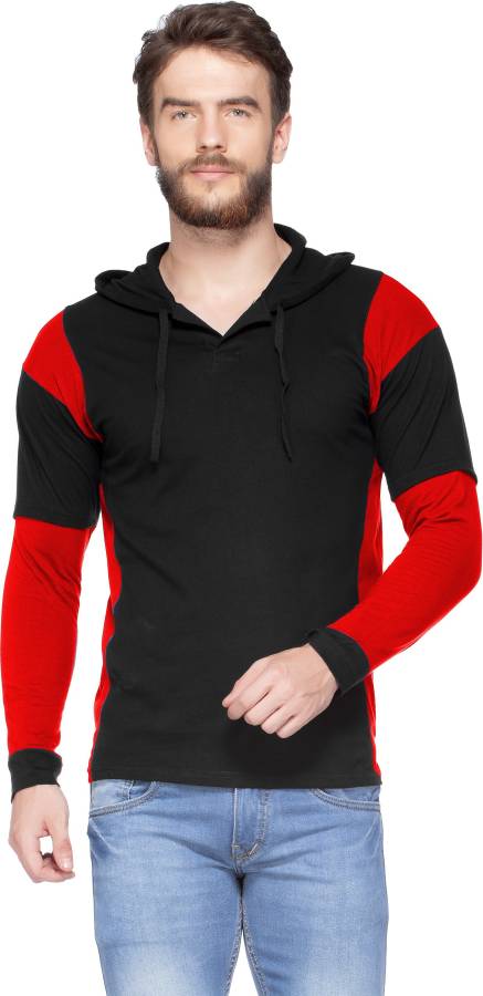 Color Block Men Hooded Neck Red, Black T-Shirt Price in India