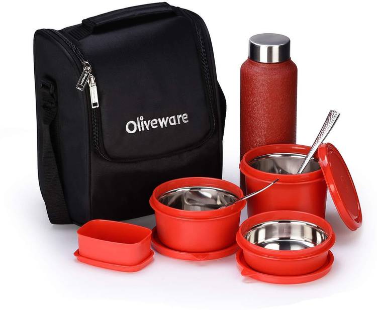 Oliveware Teso Pro Lunch Box | 3 Stainless Steel Containers | Plastic Pickle Box | Steel Spoon & Fork | Insulated Fabric Bag | Leak Proof | Microwave Safe | Full Meal | Easy to Carry | Black 4 Containers Lunch Box