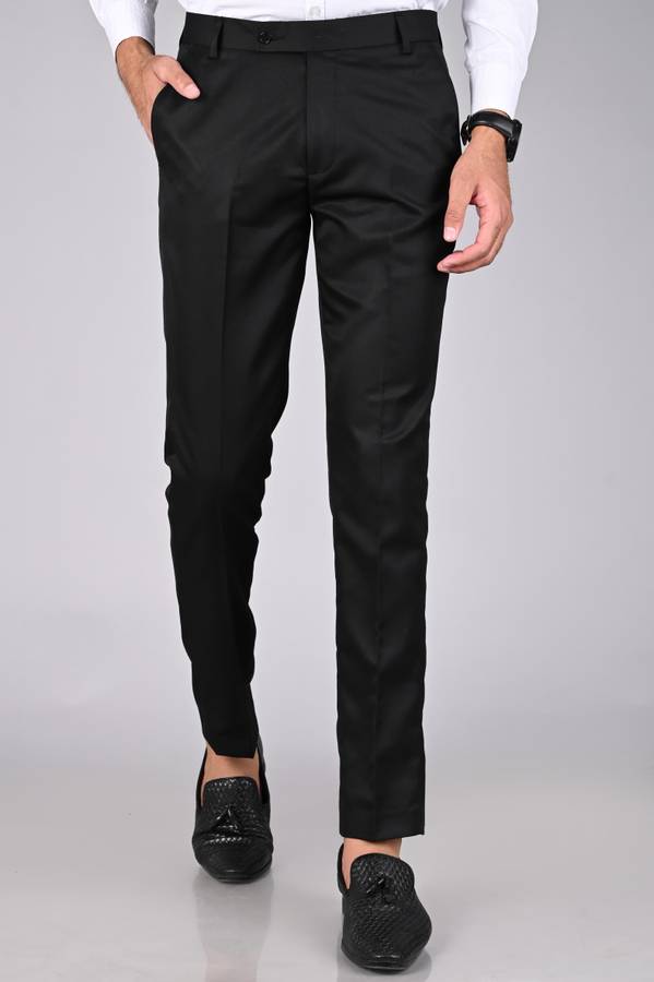 Slim Fit Men Black Polyester Trousers
