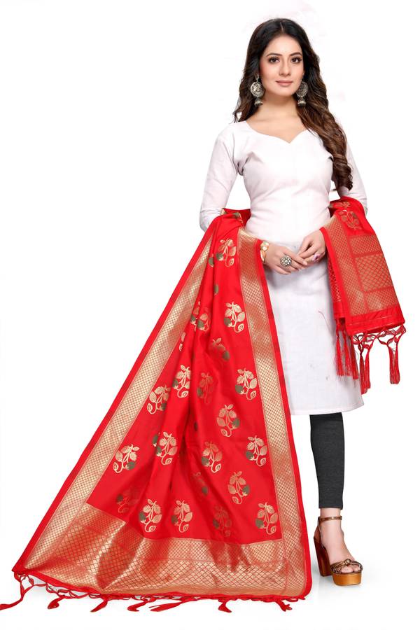 Art Silk, Jacquard Floral Print Red, Gold Women Dupatta