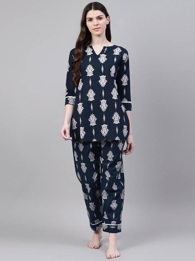 Women Floral Print Blue, White Night Suit Set