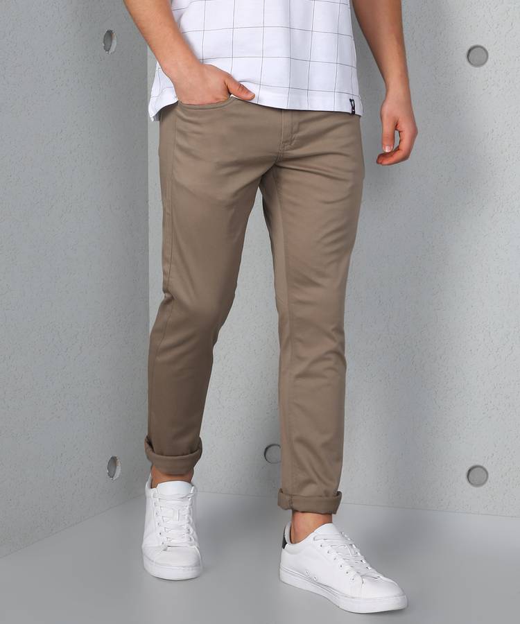 Slim Fit Men Cotton Lycra Blend Cream Cotton Lycra Blend Trousers