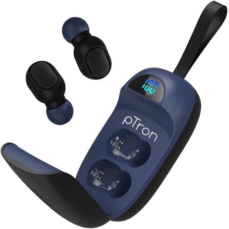 PTron Basspods 381 In-Ear True Wireless Bluetooth 5.1 Headphones with Deep Bass, 5 Hrs Playtime, Passive Noise Cancelation Earbuds with Built-in Mic & Digital Display Case Bluetooth Headset