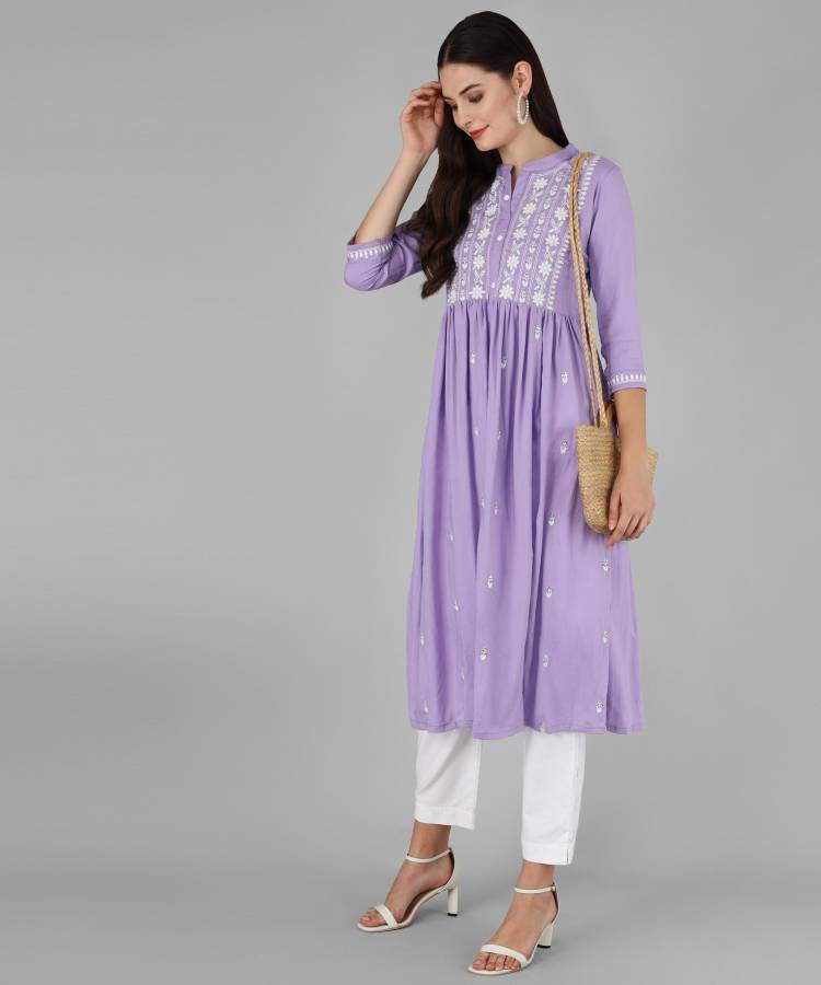 Women Chikan Embroidery Cotton Rayon Blend Frontslit Kurta Price in India