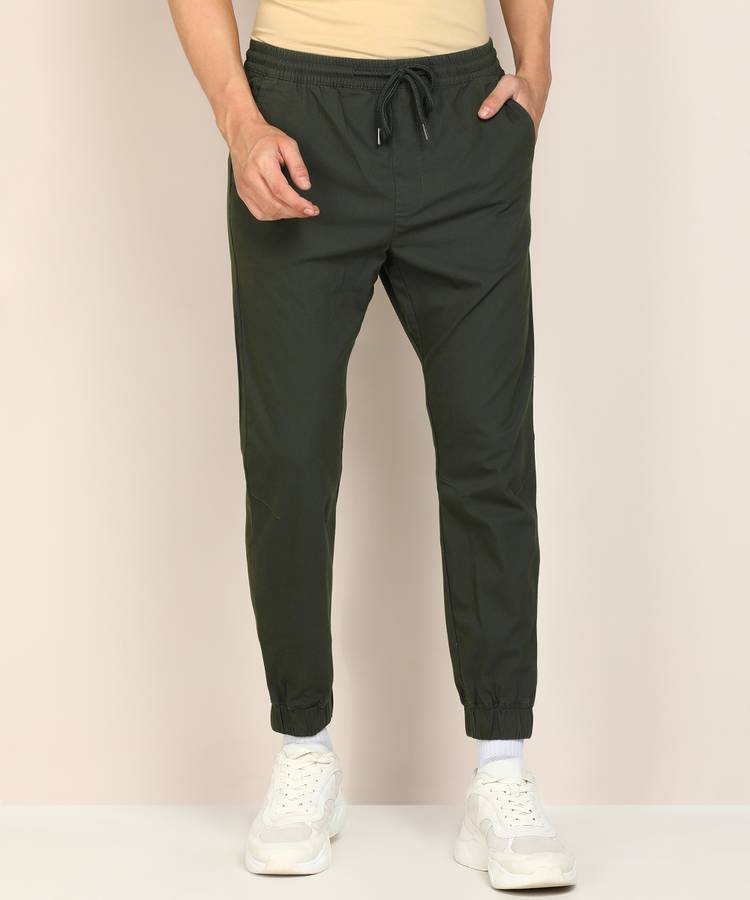 Men Dark Green Cotton Blend Trousers