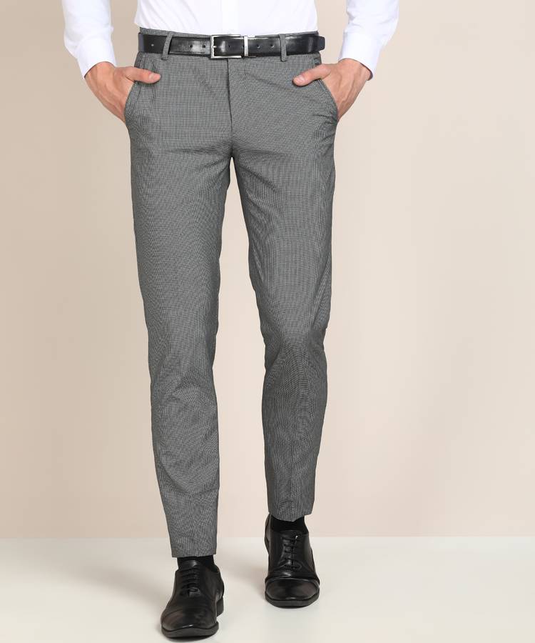 Slim Fit Men Black, White Polyester Viscose Blend Trousers