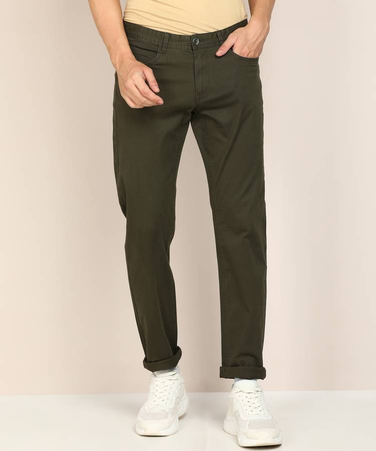 Tapered Men Light Green Cotton Lycra Blend Trousers