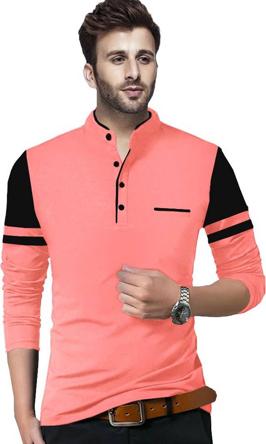 Solid Men Henley Neck Pink, Black T-Shirt Price in India