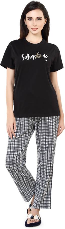 Women Printed Black Top & Pyjama Set