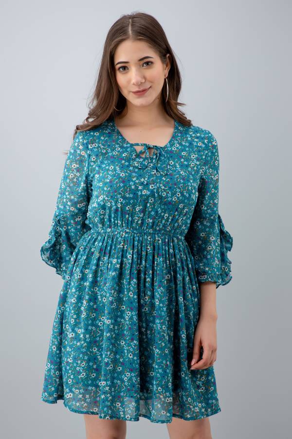 Women Gathered Blue Dress Price in India