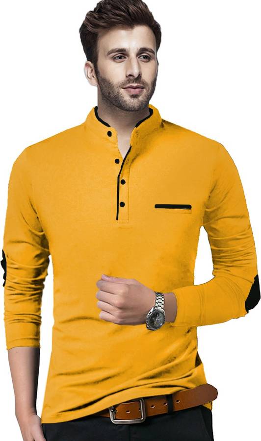 Solid Men Henley Neck Yellow, Black T-Shirt