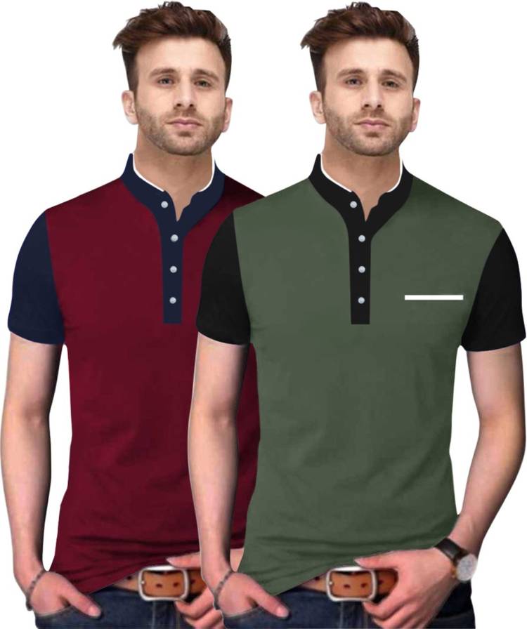 Solid Men Mandarin Collar Maroon, Green T-Shirt