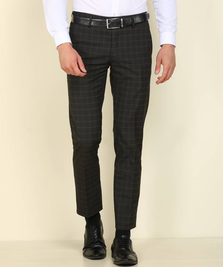 Slim Fit Men Black, Grey Polyester Viscose Blend Trousers