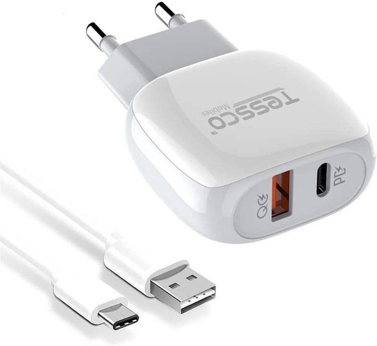 Tessco BC-202 20W Dual USB Multiport Charger|Adapter (PD + QC 3.0 Port) with Qualcomm Quick Charge 3.0 Technology Android Type C Fast Charging USB Data Cable Included - White 2.1 A Multiport Mobile Charger with Detachable Cable