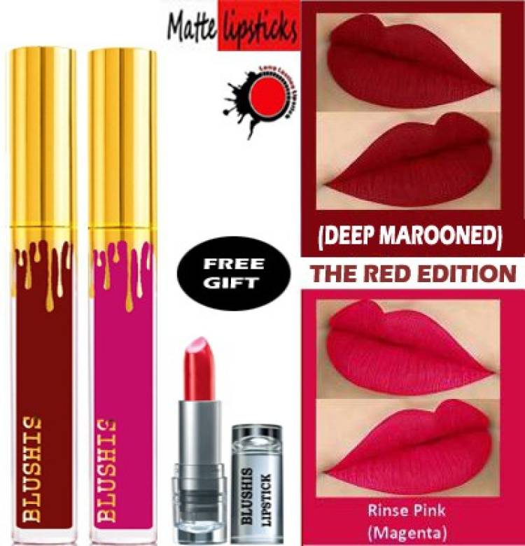 BLUSHIS High Defination Waterproof kissproof smudge proof long lasting Liquid matte Lipstick Non Transfer Combo Pack of 2 Comon colours [Deep Maroon, Magenta] colour. Price in India