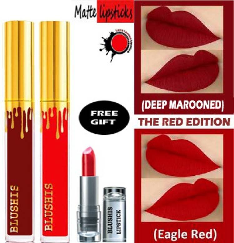 BLUSHIS High Defination Waterproof kissproof Smudge proof Long Lasting Liquid matte Lipstick Non Transfer Combo Pck of 2 Red Edition [ Red ,Deep Marrooned] Price in India