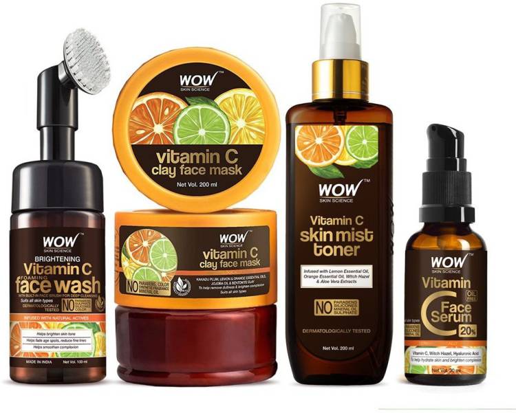 WOW SKIN SCIENCE Vitamin C face wash with brush + Vitamin C clay mask + Vitamin C toner + Vitamin C serum - Get That Glow Kit with Vitamin C, Lemon, Orange, Jojoba oils, Ferulic Acid, and Aloe Vera Extracts Price in India