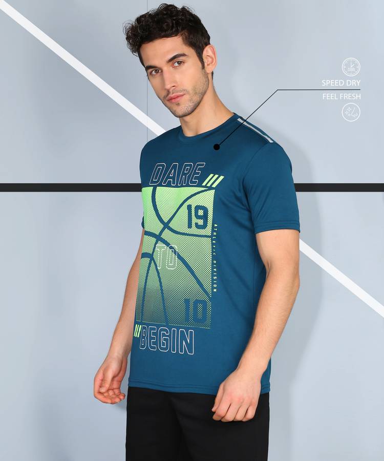 Graphic Print Men Round Neck Dark Green T-Shirt