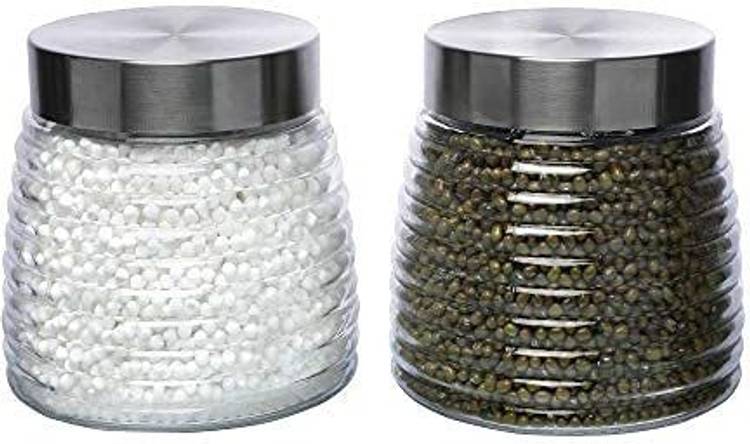 Cutting EDGE Set of 2 | 1350 ML | Designer Glass Jar Clear Container for Kitchen, Aachar Pickle, Dry Fruits, Dried Masala, Grocery, Grains with Leakproof Airtight Storage Silver Lid  - 1350 ml Glass Utility Container